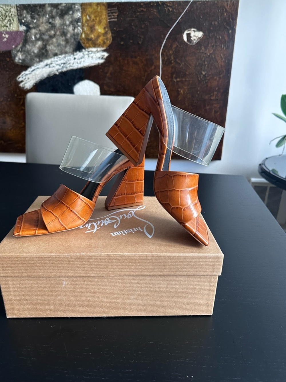 MERCEDES CASTILLO Cognac Croc-Embossed Heels with Clear Strap